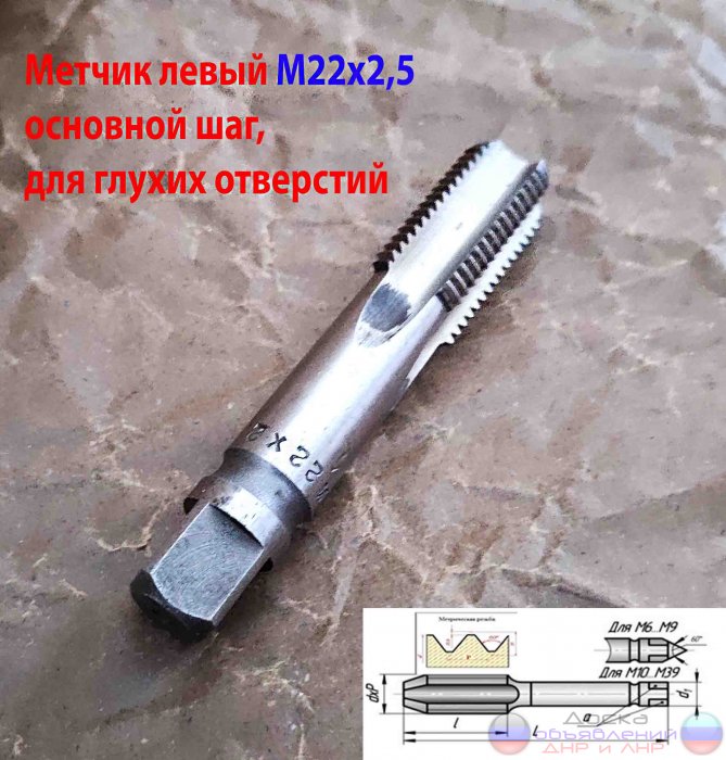 Метчик левый М22х2,5LH, Р18, одинарный